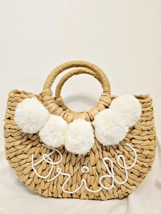 Bride Straw Pom Pom Handbag Woven Beach Bachelorette Honeymoon - Picture 1 of 6